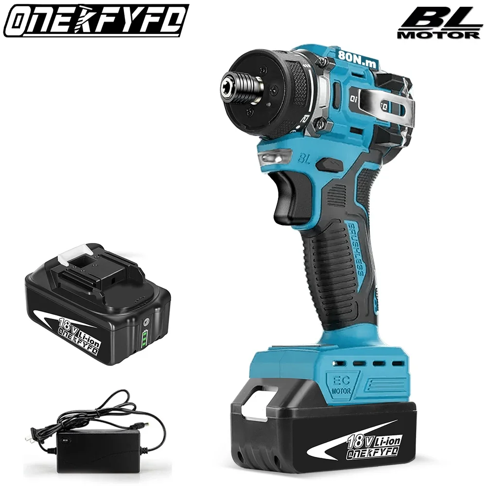 

ONEKFYFD 20+1 Torque 1/4inch Brushless Electric Screwdriver Cordless 80N.m Electric Drill Power Tool for Makita 18v Battery