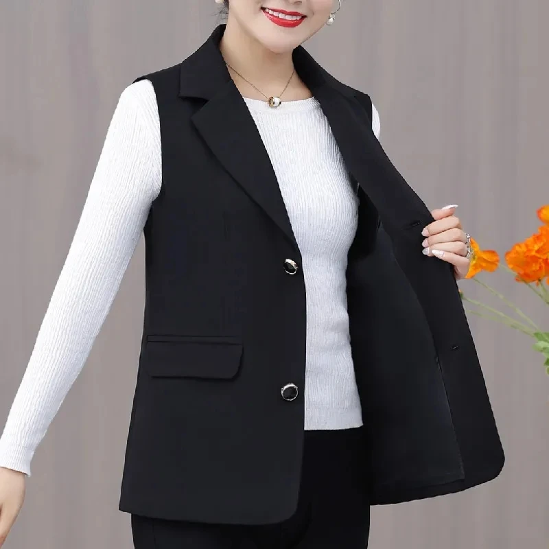 Spring Autumn Sleeveless Suit Coat Women Solid Large Size Blazer Vest Korean Loose Waistcoat Middle Aged Mother Casual Vests 5XL
