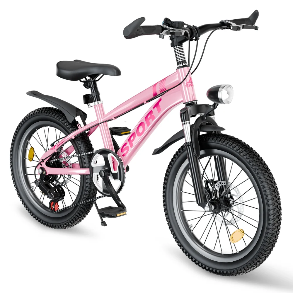 

Kids Mountain Bike for Boys & Girls Ages 7-12 – 7-Speed Gears, Dual Disc Brakes, Shock Absorber Front Fork, LED Light