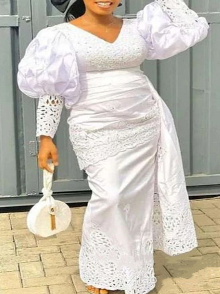 Elegantes weißes Kleid Frauen Laterne Ärmel Sexy aushöhlen Sommerkleid Abend romantische Vintage Kleider Großhandel Dropshipping