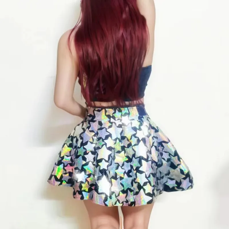 مثير الفضة الليزر أنبوب القمم تنورة صغيرة ملهى ليلي أداء الحفلات زي قبعة الجاز الرقص الزي المرأة راقصة مجموعة المرحلة ارتداء