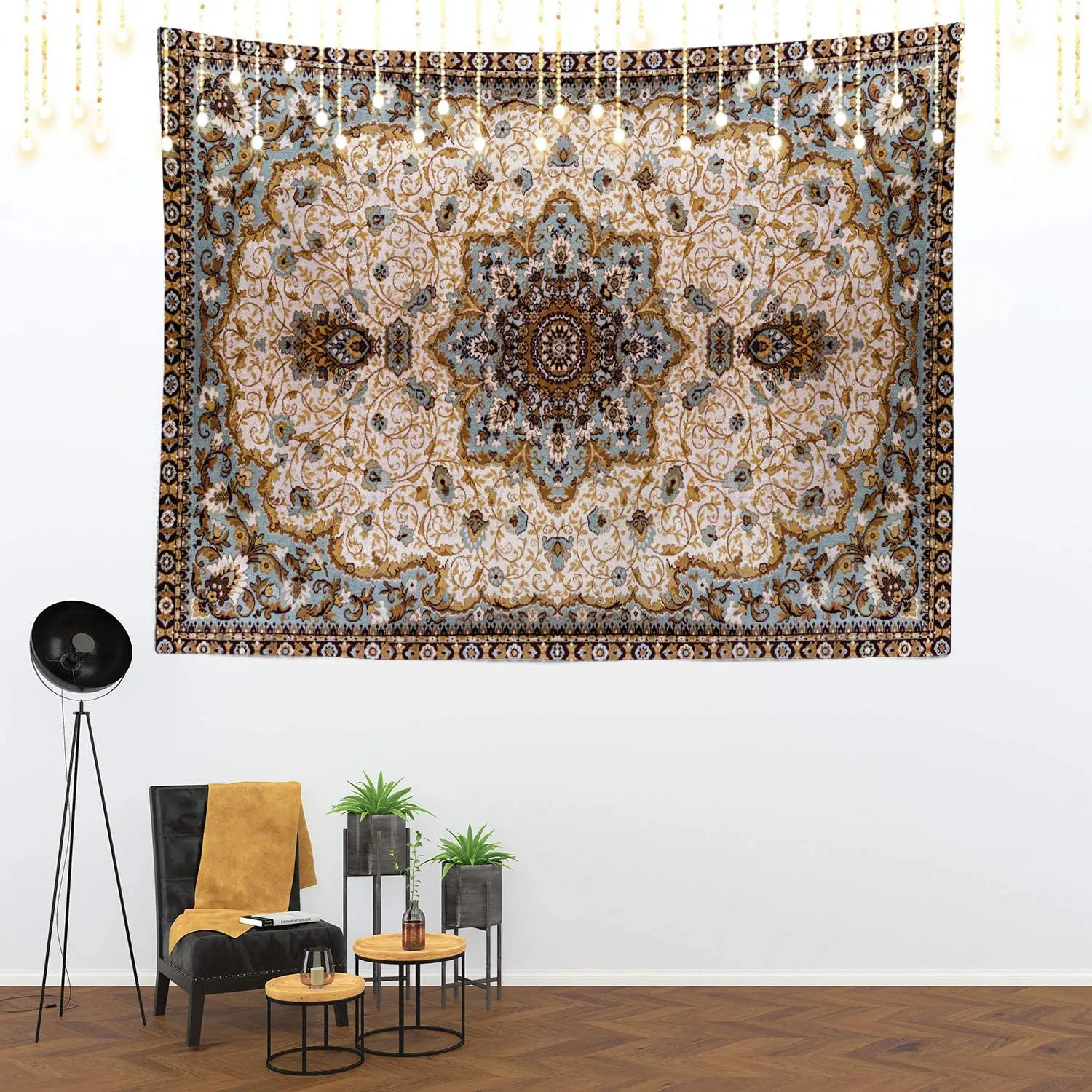 Round Mandala Blue Grey Tapestry Eastern Oriental Persian Textile Pattern Wall Hanging Large Tapestry Psychedelic Decorations