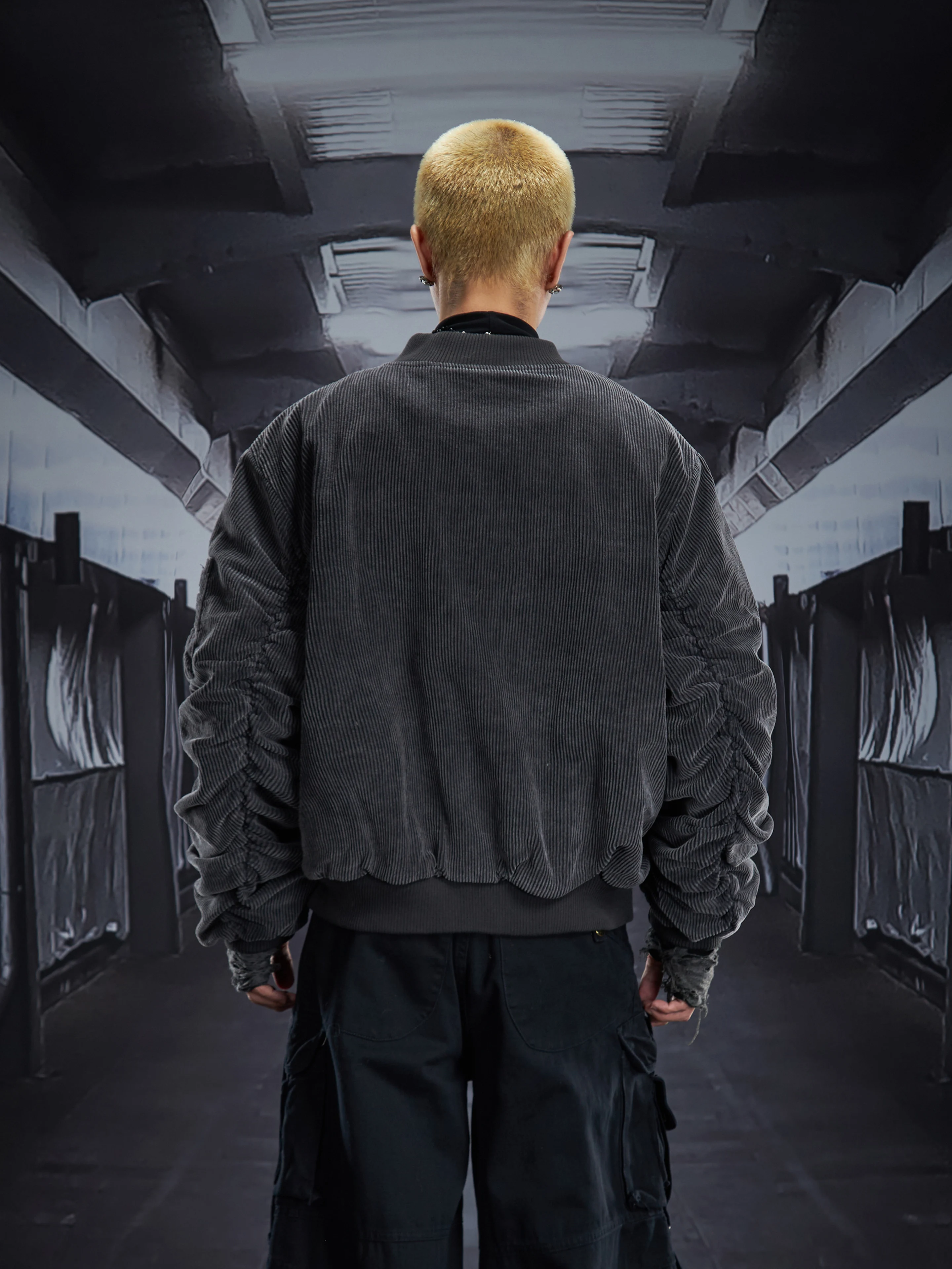 

Pleating Sleeve Corduroy Washed and Worn Loose Jacket Coat Baseball Collar Thickened Cotton Padded Cotton-Padded