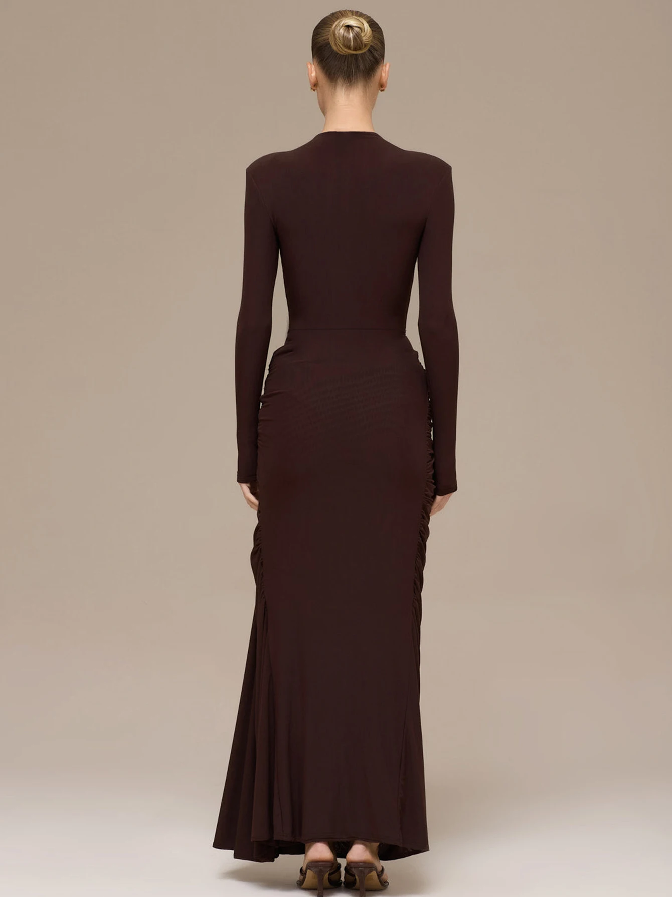 Elegancka damska sukienka maxi z długim rękawem, marszczeniami i patchworkiem, seksowna, dopasowana, idealna na zimę, urodziny, Boże Narodzenie.