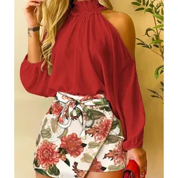 Elegant Office Skirt Sets for Women, Sexy Off Shoulder Sleeve Loose Shirts, Lace-up Mini Shorts, 2-Piece Suit, Autumn, 2023