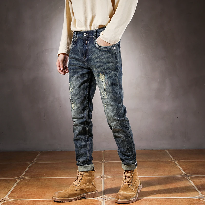 2025 Spring Autumn Trendy Ripped Hole Distressed Washed Denim Jeans for Men American Vintage Casual Slim Fit Stretch Pants