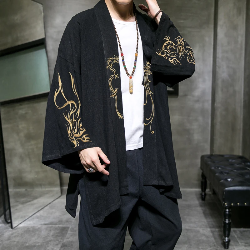 Embroidery Men\'s Trench Coat Cotton Hanfu Linen Chinese Style Robe Cardigan Jacket Casual Oversized Kimono 5XL Ancient Coat Male