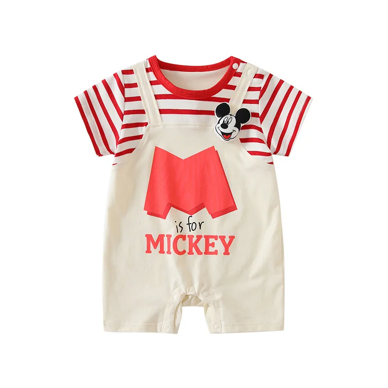 

MINISO Mickey Summer Baby Boy Striped Strap Romper Bodysuit Short Sleeve Cotton Casual Cute Going Out Clothes 0-1 years Jumpsuit