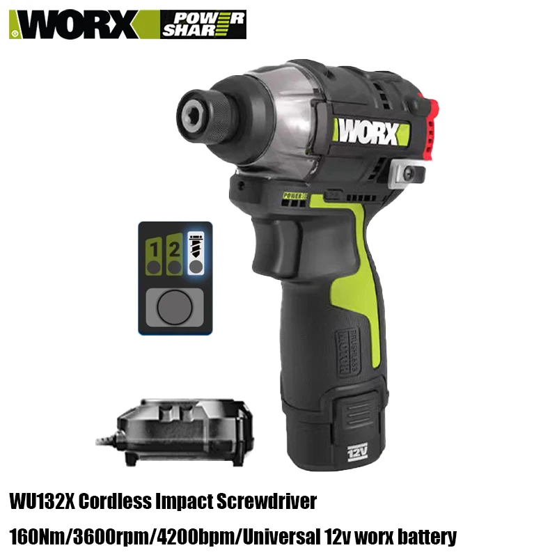 Worx-destornillador de impacto inalámbrico sin escobillas, WU132X, 160Nm, parada automática, 2 velocidades ajustables y 1 engranaje inteligente, batería universal de 12v