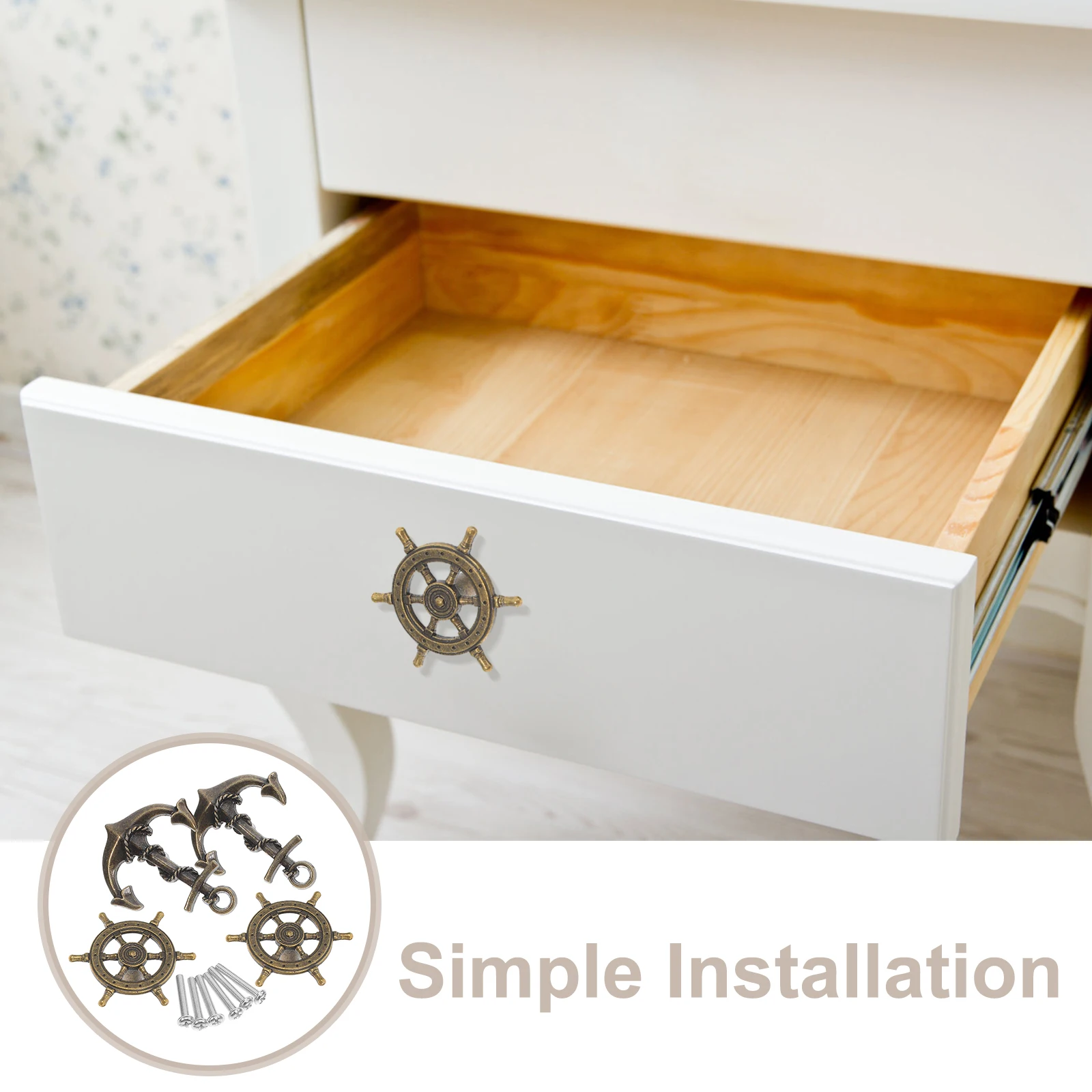 

4Pcs Retro Ship Wheel Anchor Cabinet Handles Vintage Drawer Pulls Decorative Furniture Knobs for Wardrobe Dresser Closet