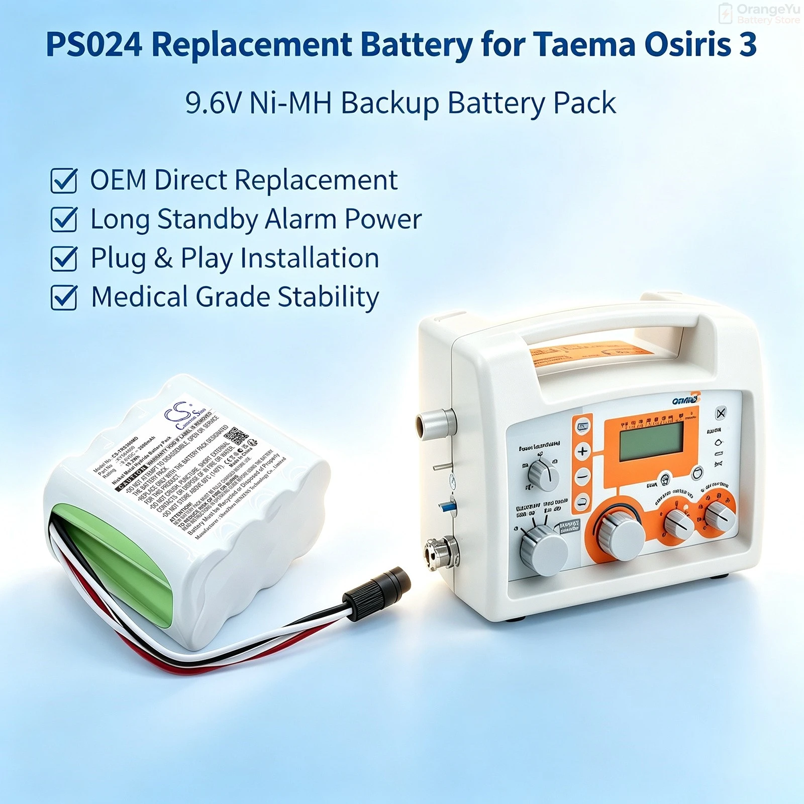 Replacement 9.6V 2000mAh Medical Ni-MH Battery for Taema Osiris 3 PS024 KY564600