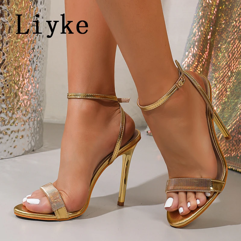 

Liyke Summer Fashion Gold Ankle Strap Sandals Ladies Open Toe Gladiator High Heels Party Stripper Shoes Women Sandalias Mujer