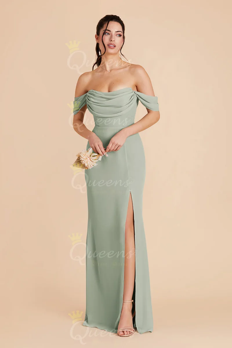 Gaun pernikahan QueensLove, Dress bahu terbuka pengiring pengantin, gaun pesta belahan tinggi, Gaun tali A-Line, sifon kustom