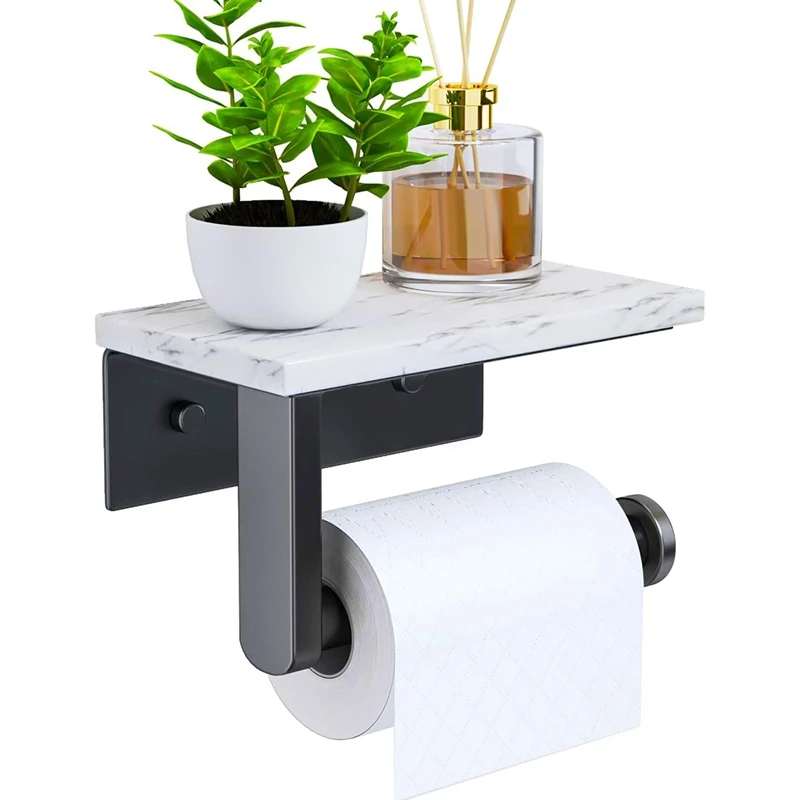 Marble Toilet Paper Holder With Shelf Toilet Paper Roll Holder Wall Mount For Bathroom Cabinet Decorative, Black Easy To Use