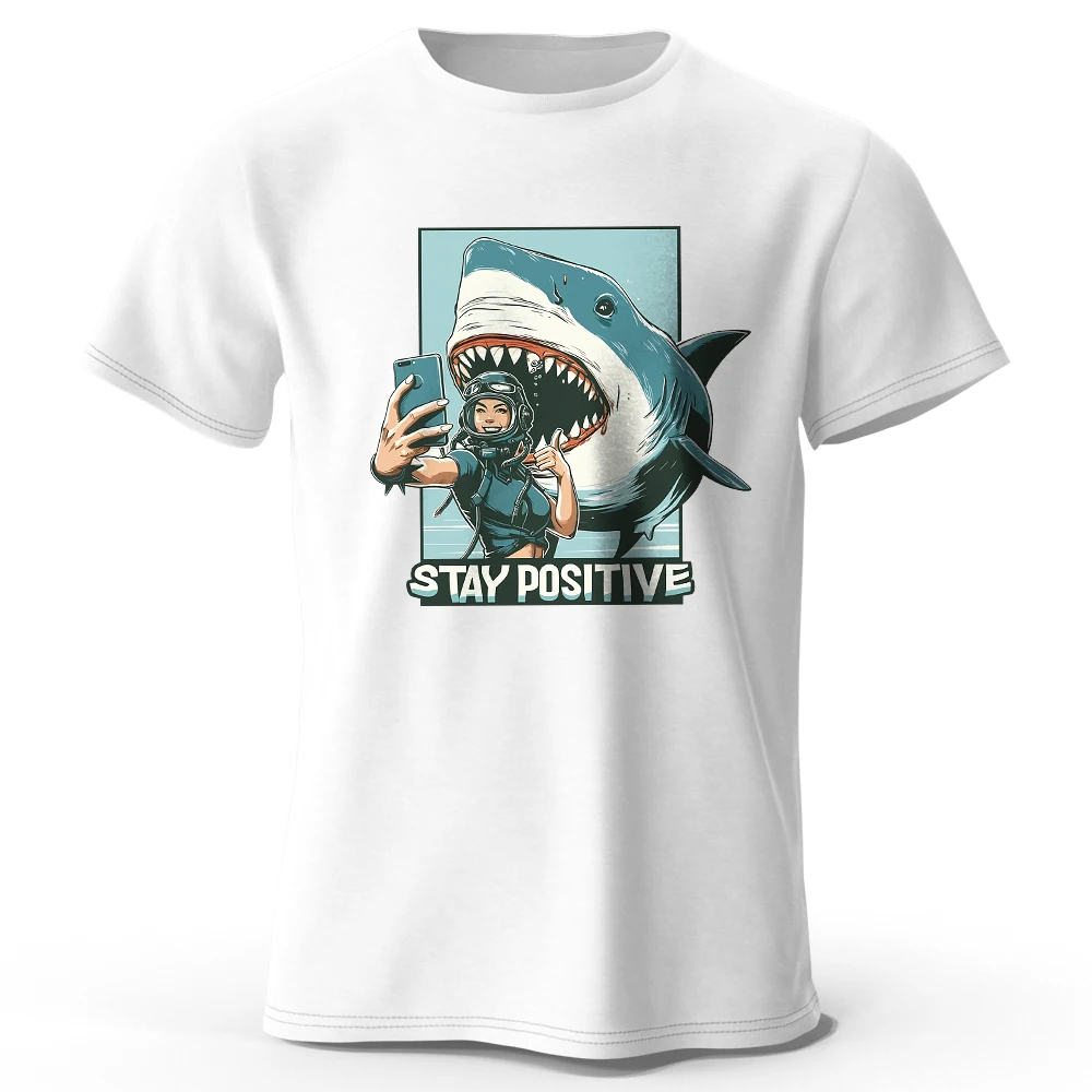 Herren-T-Shirt „Stay Positive Shark“, bedruckt, 100 % Baumwolle, übergroße inspirierende Grafik-T-Shirts für Damen, Sommer-Tops