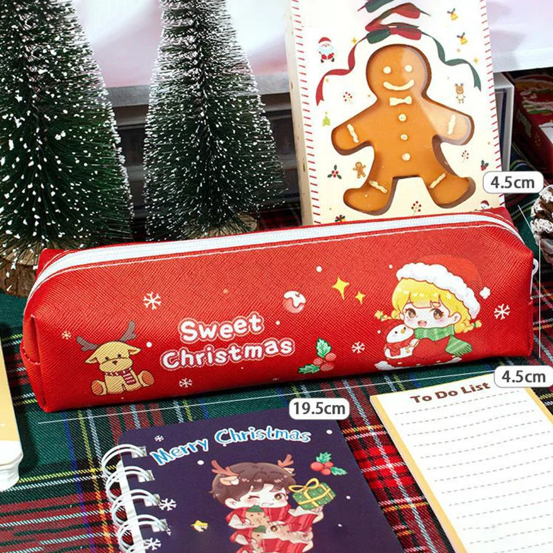 Christmas Cartoon PU Leather Pencil Bag Cute Christmas Gift Pencil Case School Stationery Storage Bag School Supplies