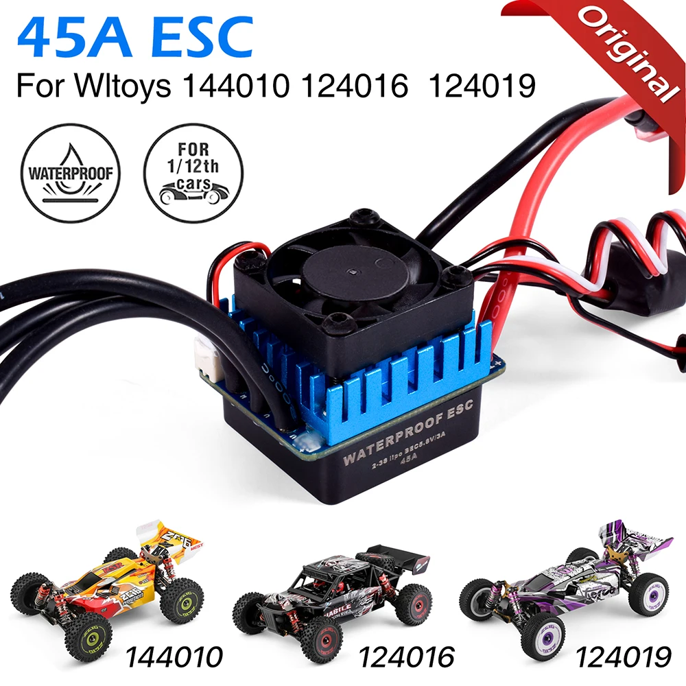 WLtoys 144010 124019, 오리지널 45A 브러시리스 ESC, 1/12 RC 자동차, WLtoys124016 예비 부품, 방수 2-3S Lipo, 냉각 팬 포함