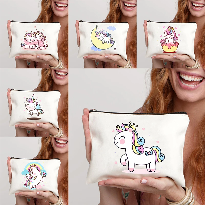 Bolsa de maquillaje con patrón de unicornio para mujer, estuche de lápices Kawaii para amantes de los dibujos animados, organizador de cosméticos para chica escolar, monedero lindo, regalo