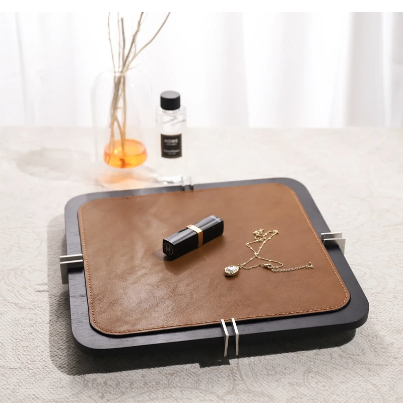 Wabi-sabi black solid wood tray high-grade horsehair leather metal trays decorative living room coffee table storage