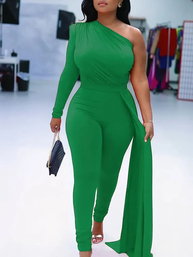 

Сексуальный облегающий комбинезон на одно плечо, женский элегантный комбинезон для вечеринки и клуба, выпускного вечера, цельный комбинезон с высокой талией и лентой Combinaison Femme