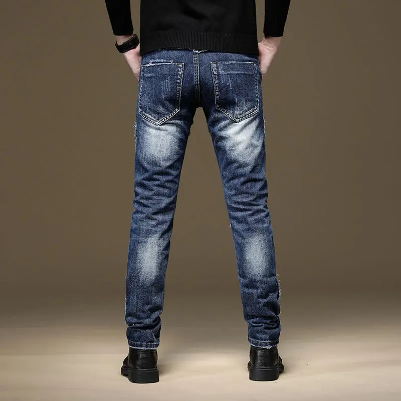 Light Luxury Men’s Slim-fit  Patchwork Blue Denim Pants,Beggar Style Nightclub Performer Trendy Jeans,Sexy Street Jeans Pants;