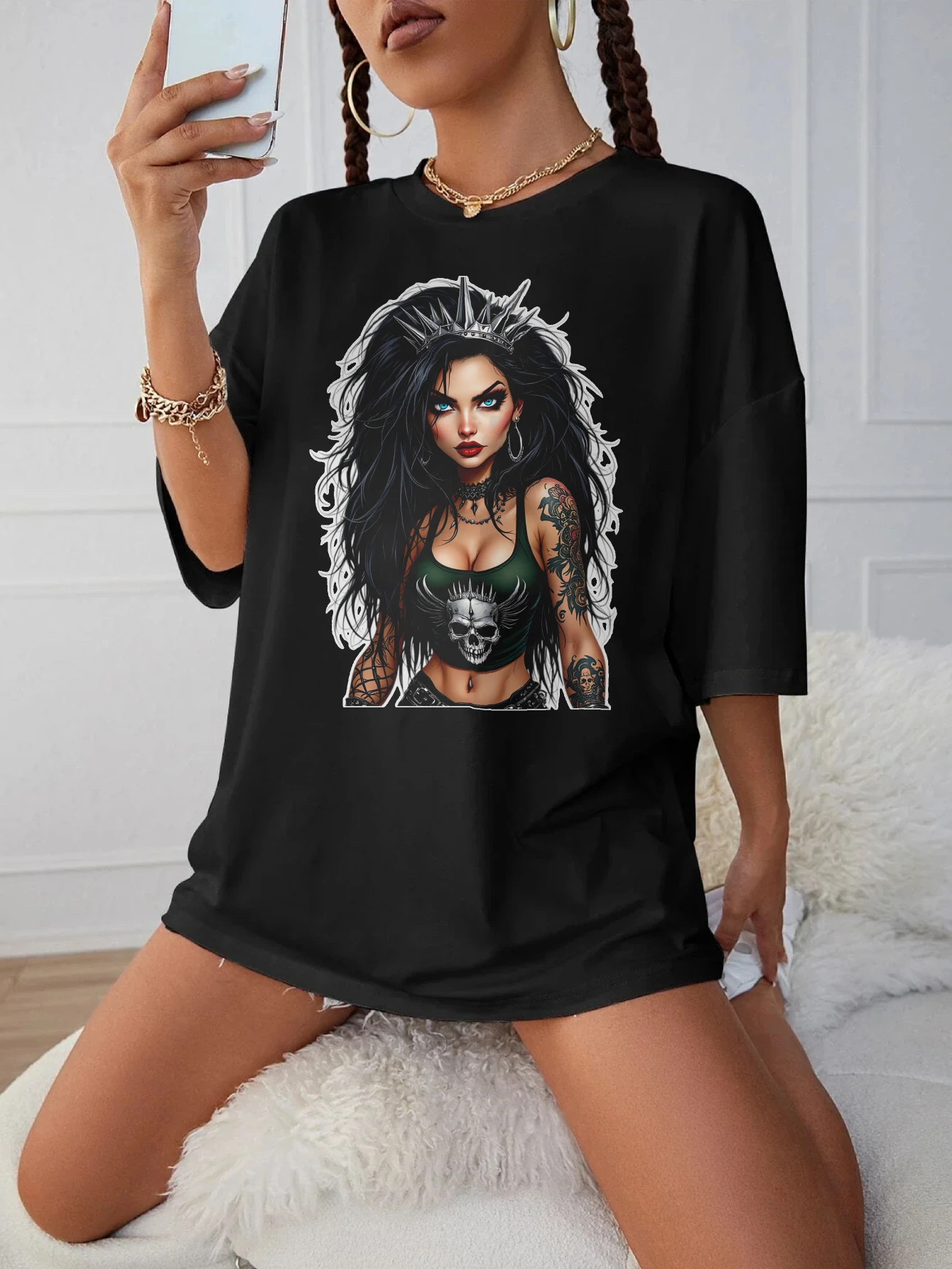 

Черная футболка с круглым вырезом для беременных Tattooed-Rock-Queen-with-Spiked, свободная посадка, модная удобная летняя одежда для позднего беременности
