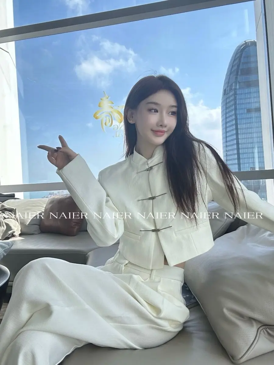 

Spring New Chinese Style Plate Buckle Short Coat Top High Waist Wide Leg Pants Loose Casual Black Two Piece Set Women Outfits