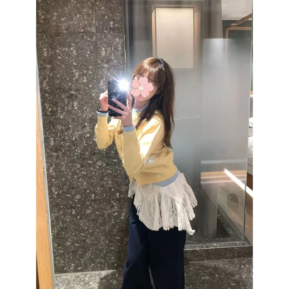 Sweet Simple round Ne Splice Knitted Open Cardigan Women's Design Slimming Versatile Top Early Autumn 2025 Commute Sle Lo...