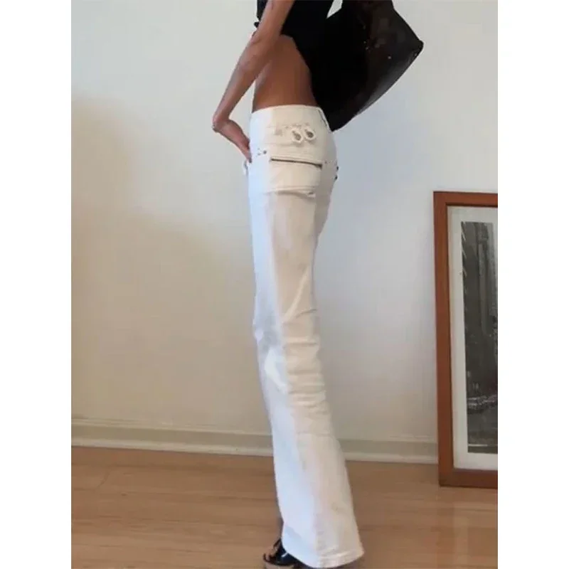 2025 الخريف النساء خمر الأبيض منخفضة الخصر مضيئة الجينز التخسيس طماق Faionable Bootcut السراويل الشارع الشهير Y2k سراويل جينز