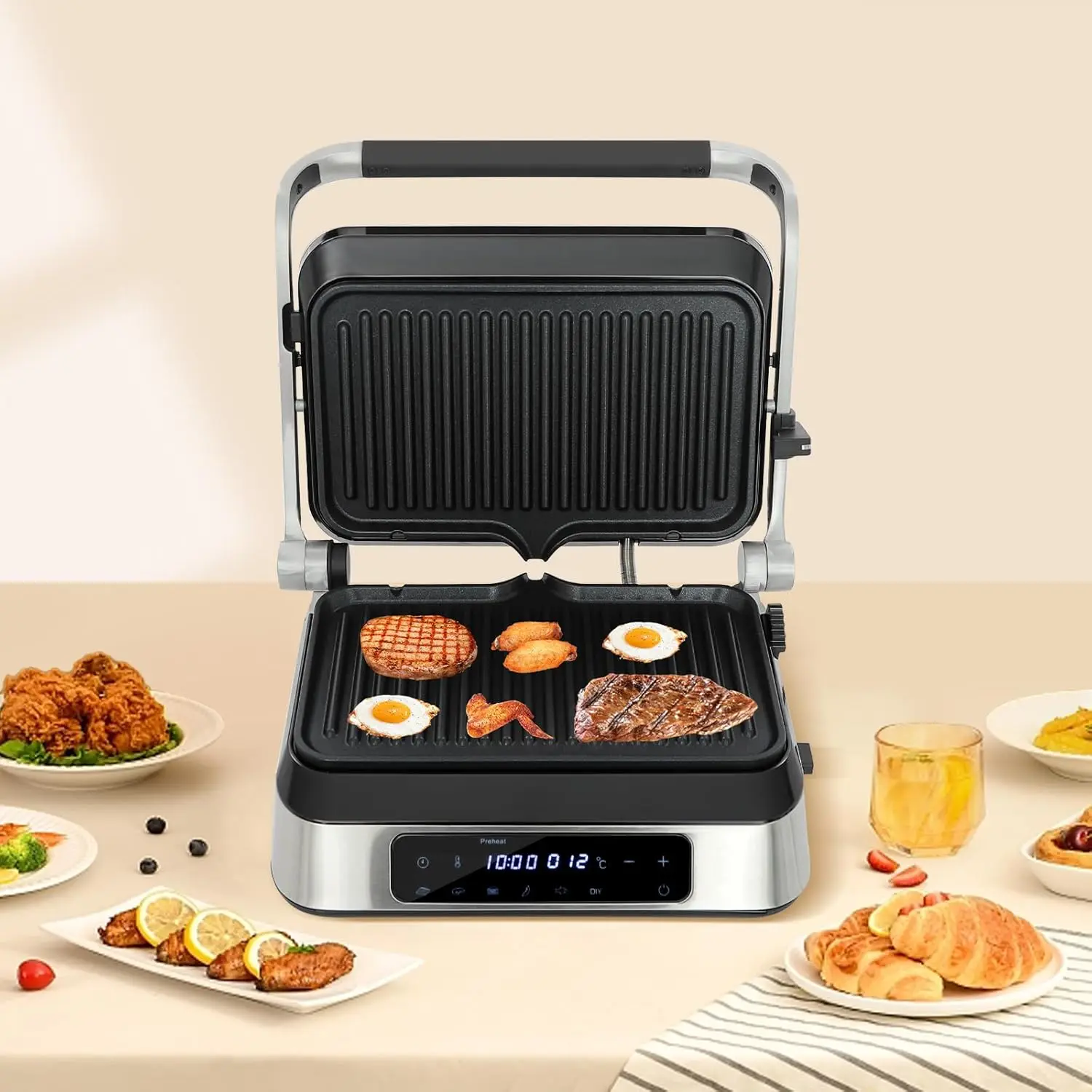 เครื่องทําแซนวิช,เครื่องทําสเต็ก 2 ใน 1 ที่ไวต่อการสัมผัส 1600W,เครื่องทําแซนวิชแบบปรับได้พร้อมหน้าจอแสดงผล LED สําหรับ