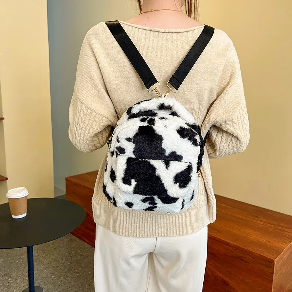 Milk Cow Pattern Women Backpack Autumn Winter Plush Backpacks Cute Fluffy Shoulder Bag Furry Handbags Casual Shopping Backpack