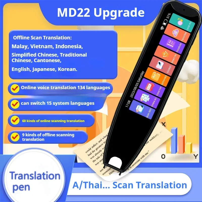 Nuovo MD22 Traduttore vocale Penna di traduzione per scansione offline 134 Traduzione vocale 9 Penna di lettura per scansione aziendale con traduzione offline