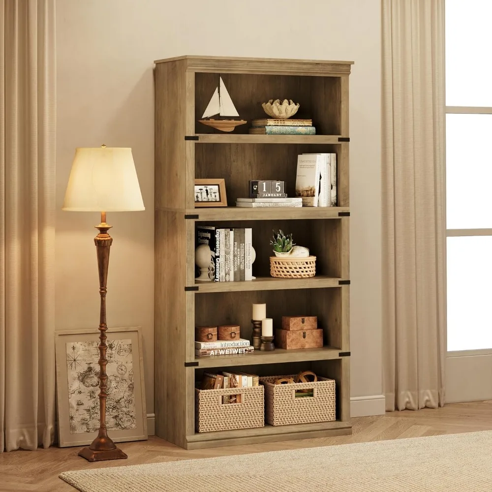 Farmhouse-Style 5-Tier Wooden Bookshelf with Open Storage Display, 67.4 Inches Tall