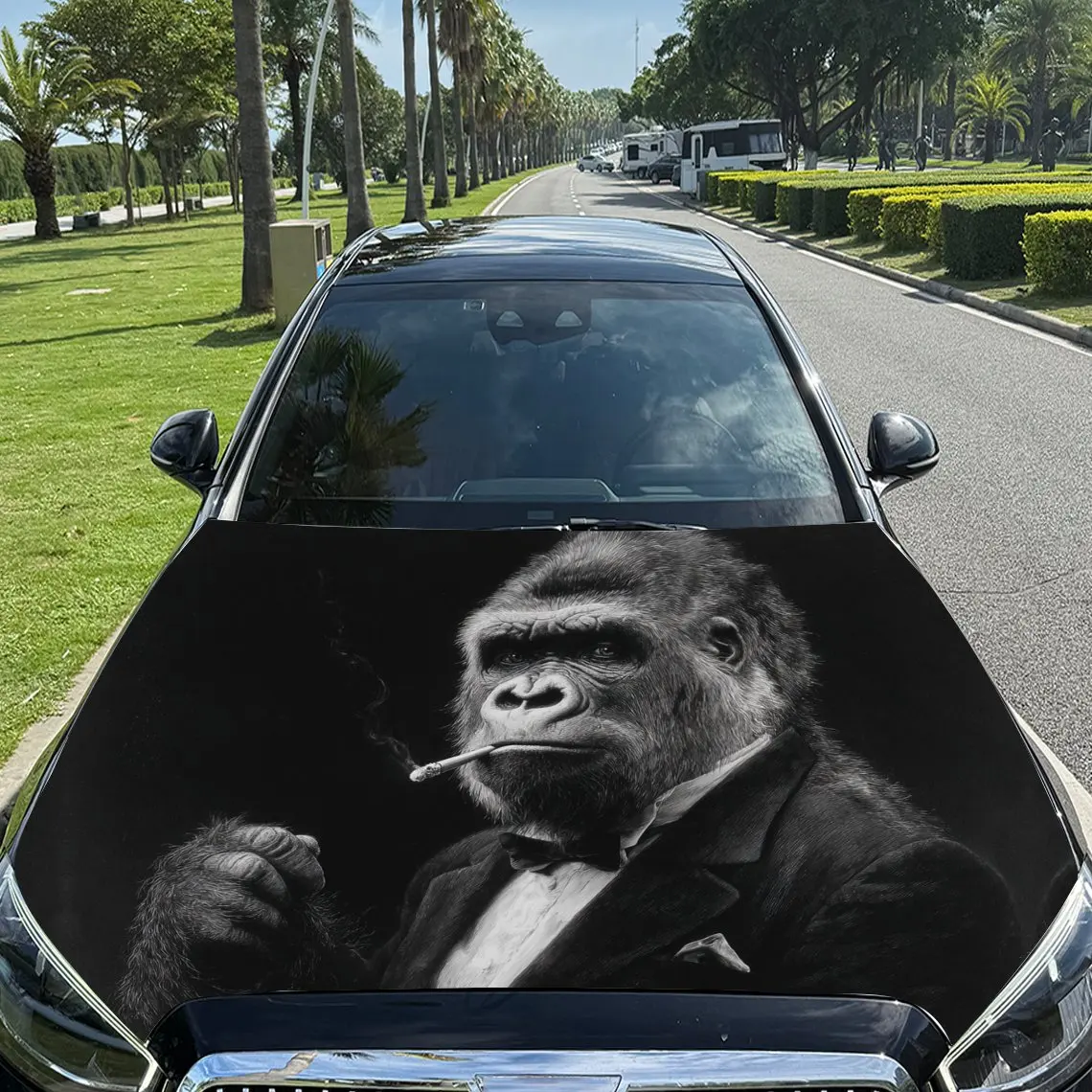 The Gorilla in a Suit is Smoking Car Vinyl Wrap, PVC Material Waterproof Car Hood Sticker, Self-Adhesive Scratch-Resistant Stick