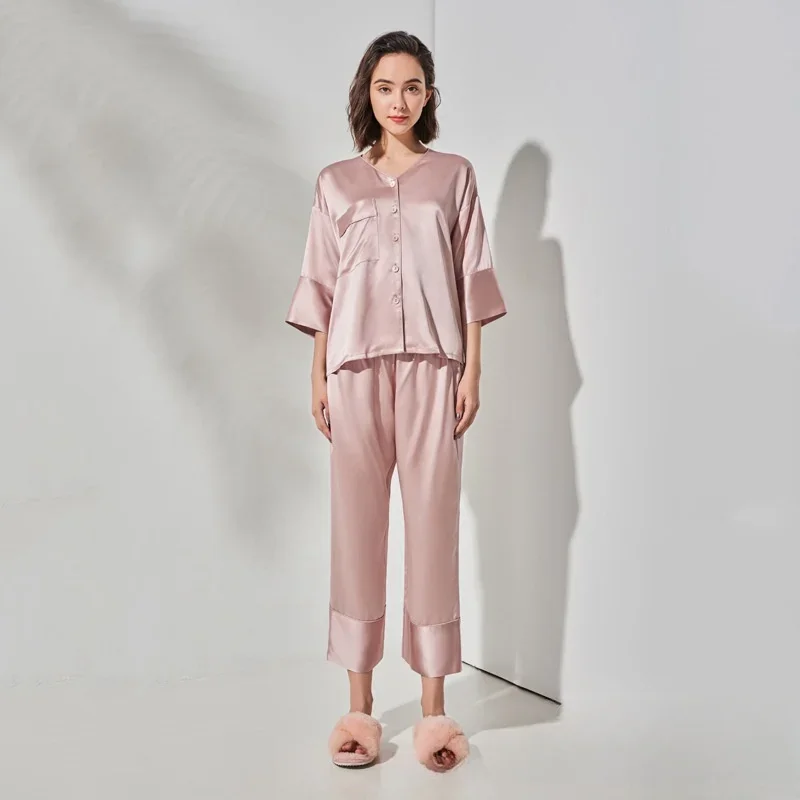 

Women 100% Silk Satin Pajamas Set Bell Sleeve Summer Home Suit Female Real Silk Two Pieces Long Sleeve Pant Nightwear Loungewear