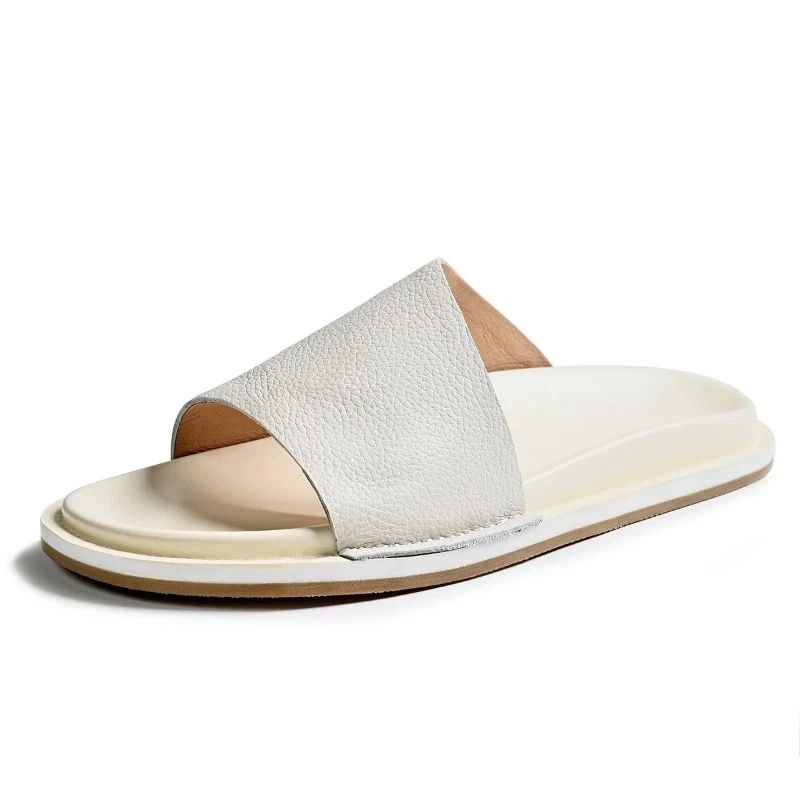 

Mens Genuine Leather Fashion Slippers 2026 Summer New Outdoor Elegant White Color Comfortable Handmade Flat Shoes for Male