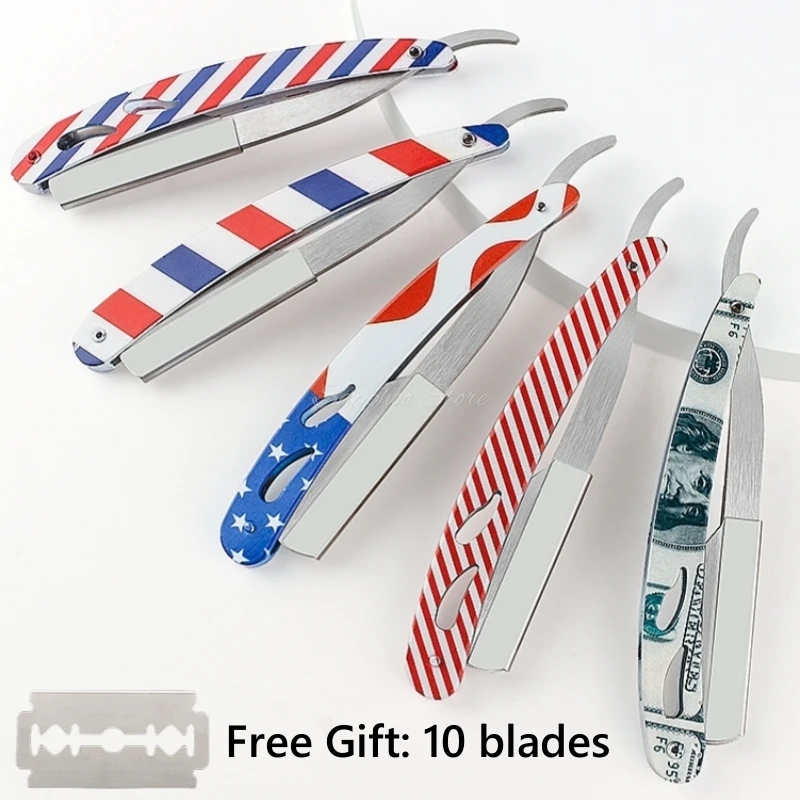 

Men Straight Barber Edge Razors Pro All Stainless Steel Folding Shaving Knife Salon Hair Removal Styling Tools With 10pcs Blades