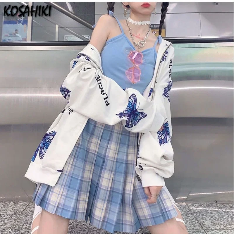 KOSAHIKI Streetwear Harajuku Oversized Sweatshirt Women Man Butterfly Print Letter Zip Up Hoodies Jackets Loose Tops