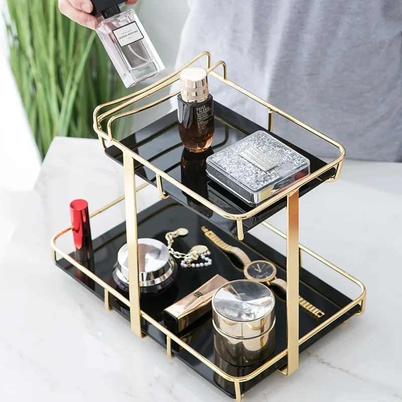 

Nordic style light luxury double-layer electroplating gold storage rack Bathroom bedroom desktop cosmetics finishing holder