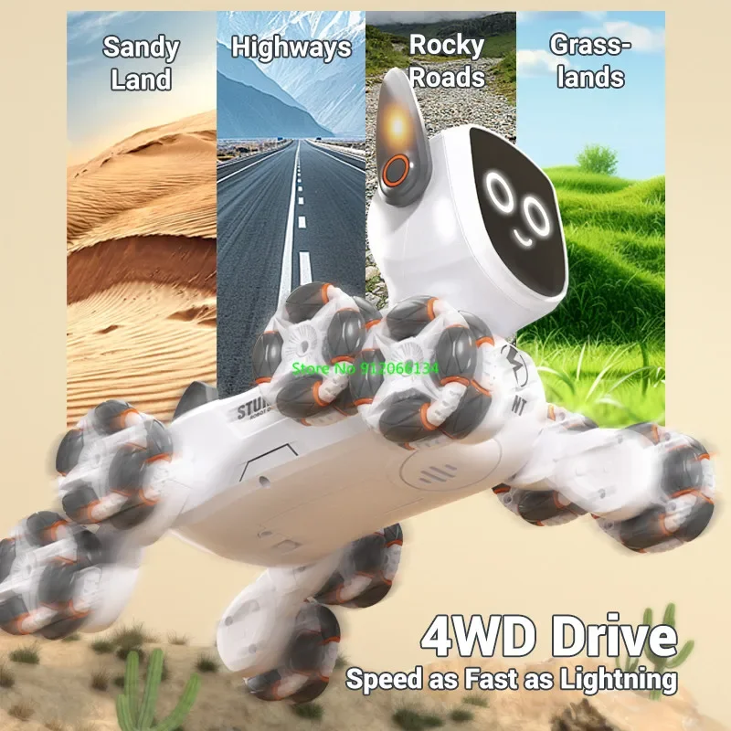 Watch Gesture Sensing 8 Wheels Education Remote Control Robot Dog 2.4G LED Lighting Music 4WD Smart Demo 360° Rotation RC Dog