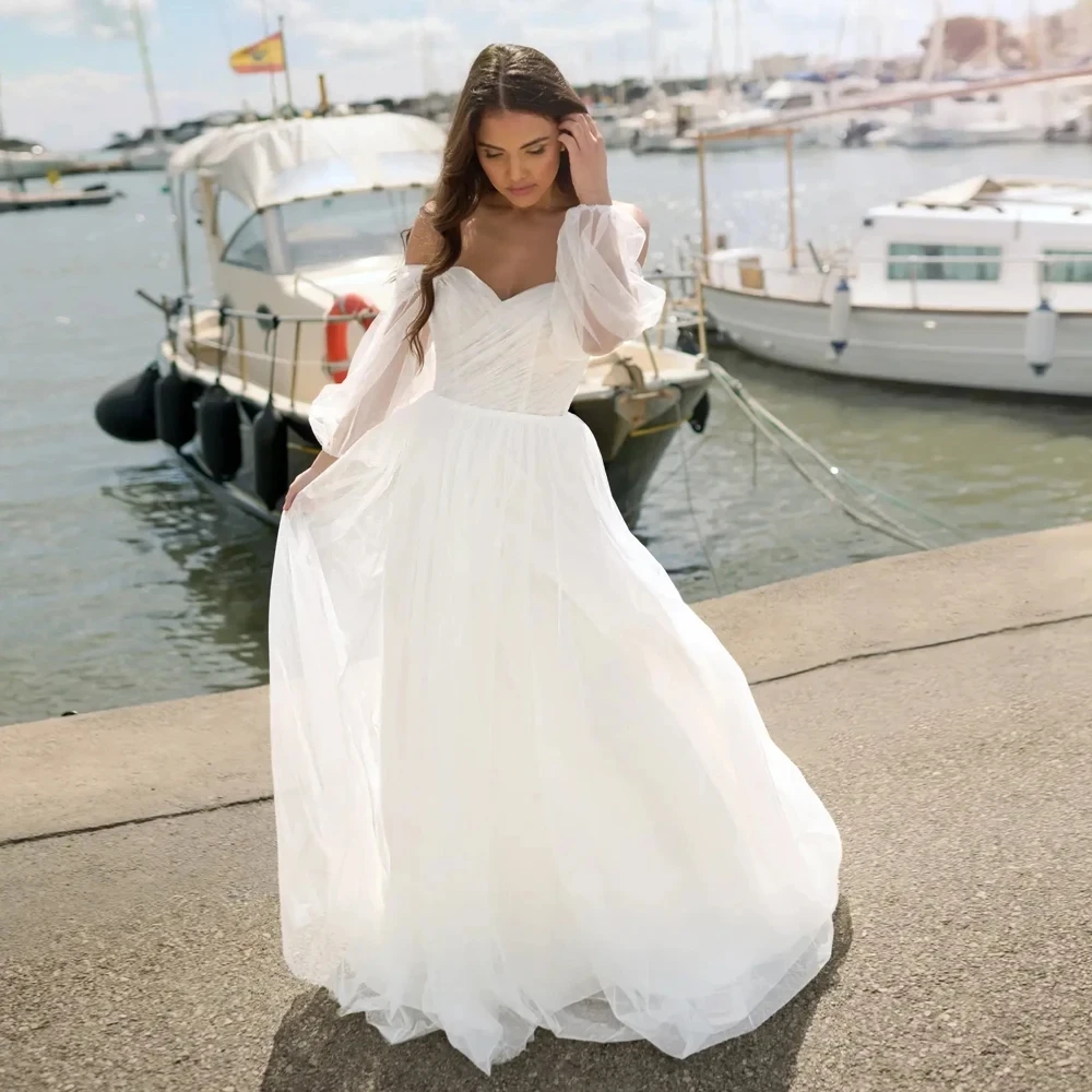 

Elegant Wedding Dress 2026 Strapless Puff Sleeves Open Back Floor Length Tulle A-line Beach Bride Gown Bridal Gowns Vestidos