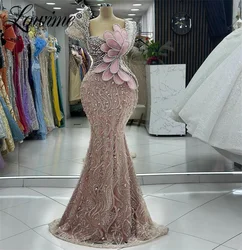 Amazing Pink Sparkly Crystals Evening Dress Aso Ebi Arabic Mermaid Wedding Party Dress Robe De Soiree 2024 Second Reception Gown