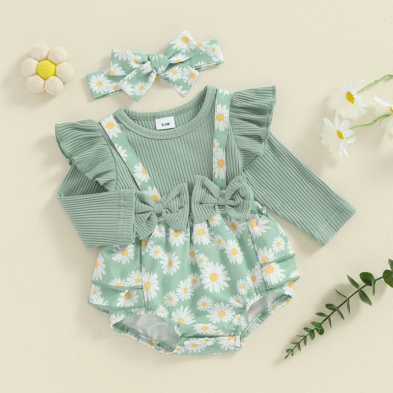 Newborn Baby Girl Clothes Infant Bow Ruffled Trim Ribbed Long Sleeve Floral Print Romper Bodysuit with Headband Fall Winter