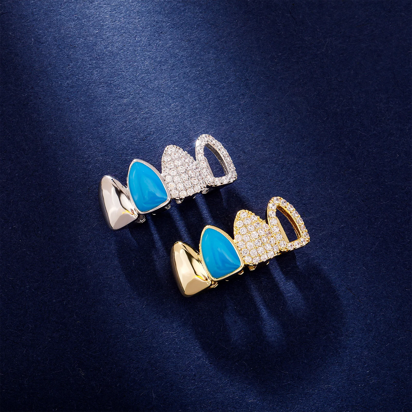 Topgrillz-Blue Drip Oil Grillz de dentes de zircão oco gelado CZ Stone Tooth Caps para mulheres e homens, joias na boca, hip hop