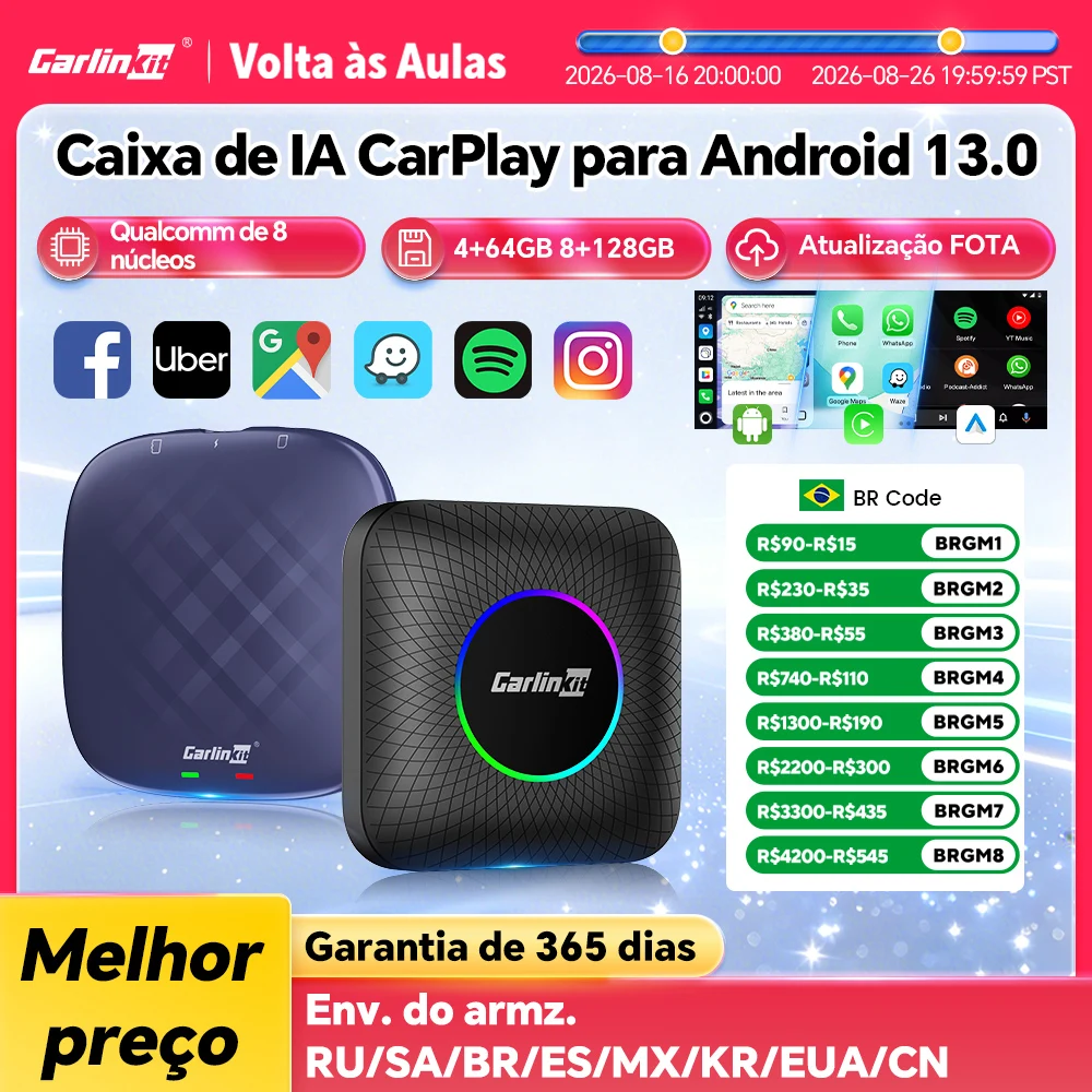 CarlinKit CarPlay Ai Box Android 13 Plus QCM6125 8 núcleos sem fio Android Auto e CarPlay Adaptador USB para carro Atualização FOTA para OEM com fio CarPlay ou Android Auto Car para Netflix IPTV