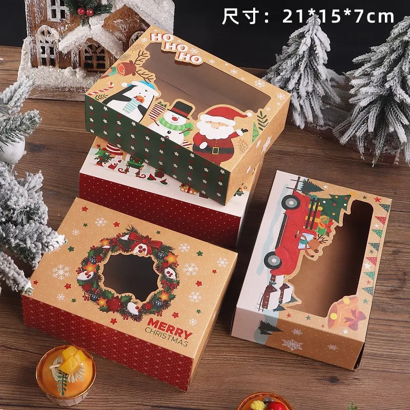 

5Pcs Christmas Kraft Paper Gift Box Donut Dessert Packaging Cupcake Window Transparent Mousse Dessert Egg Tart Boxes