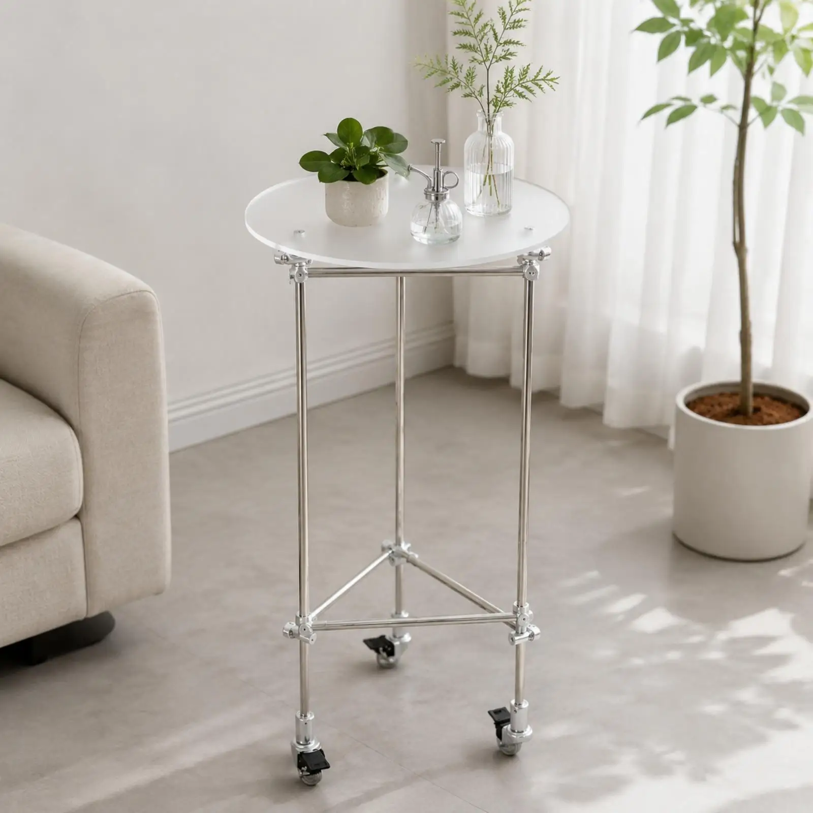 Frosted Round Acrylic Plant Stand with Lockable Wheels Rolling Pot Holder Table for Indoor Garden Small Spaces