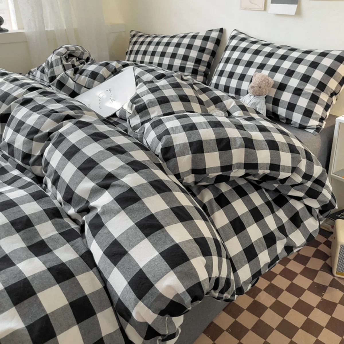 3pcs Black plaid Duvet Cover Set (1*Duvet Cover + 2*Pillowcase, Without Core),Bedding Set