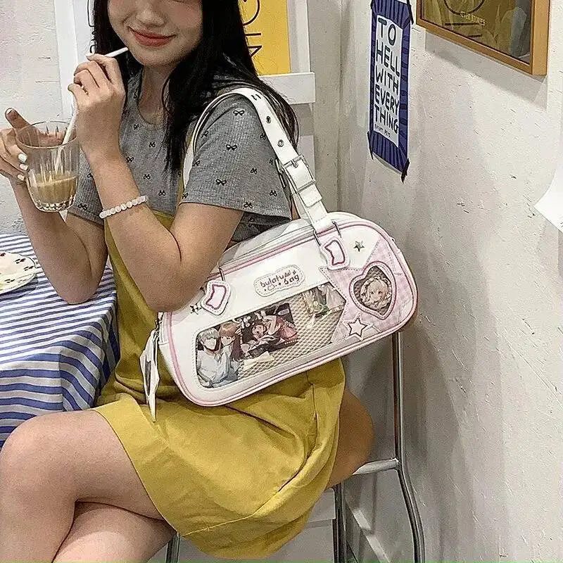 Bloom Japanese Transparent Blue Handbag Women Haruku Aesthetic Leather Ita Bag Female Preppy Style Sweet Cute Shoulder Bags