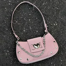 Y2K Girls Fashion Shoulder Bag Silver Alloy Chain Designs 2024 Trendy Bags for Women Sweet Cool Subculture Pink Crossbody Bag